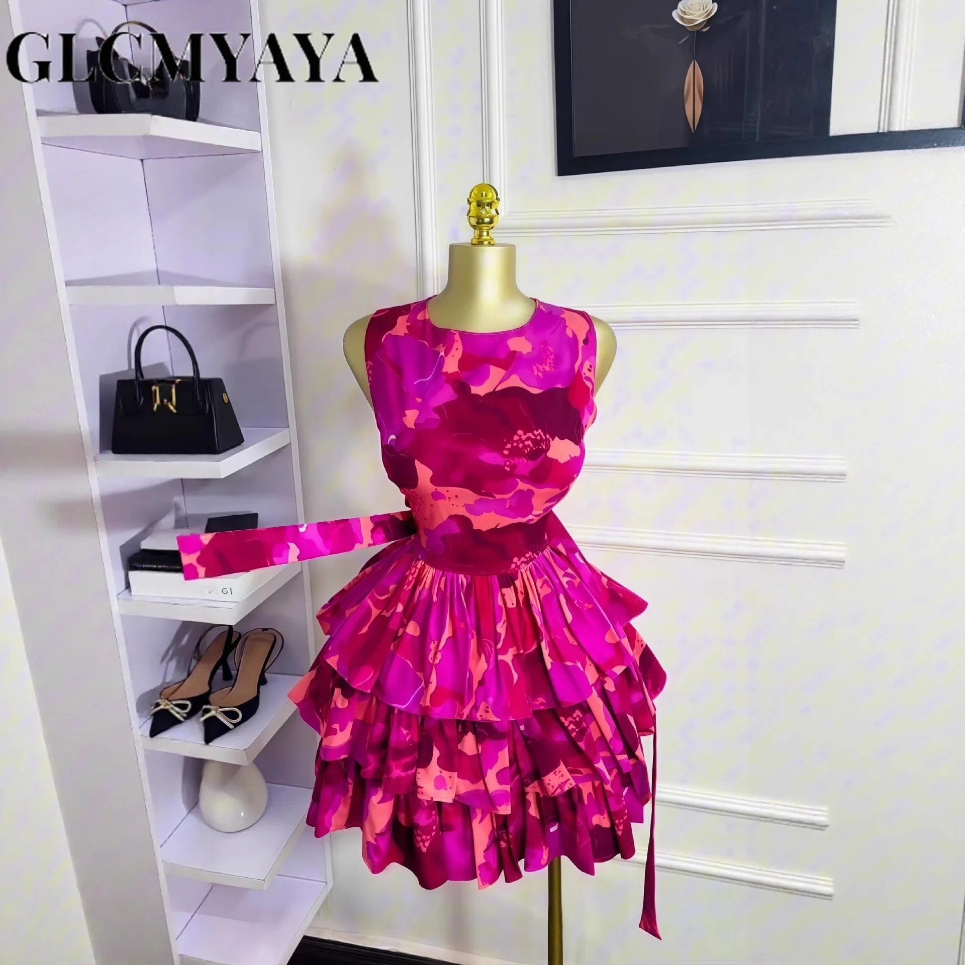 GLCMYAYA Women Floral Printed Sleeveless Cascading Ruffles Big Swing Ball Gown Dress 2025 Beach Vacation Holiday Vestido Dresses