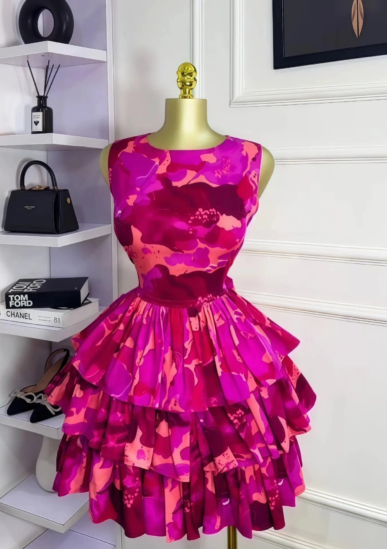 GLCMYAYA Women Floral Printed Sleeveless Cascading Ruffles Big Swing Ball Gown Dress 2025 Beach Vacation Holiday Vestido Dresses