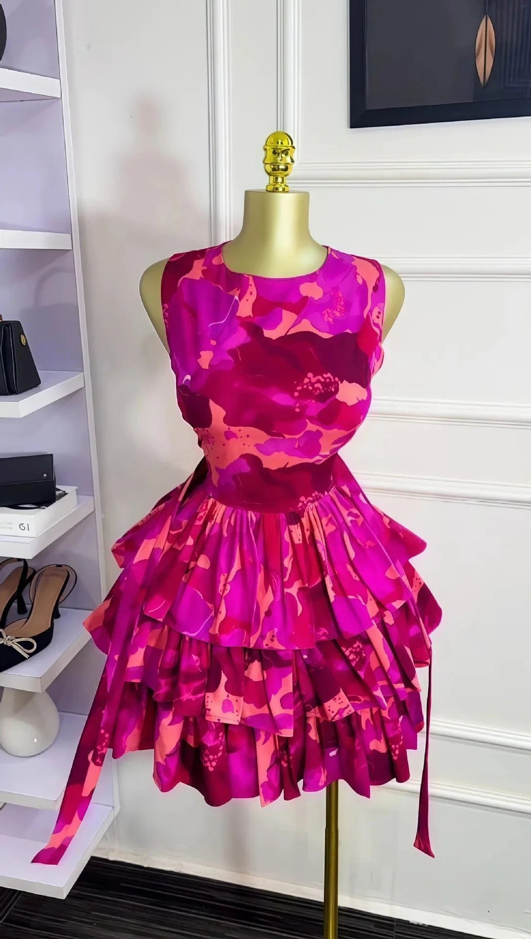 GLCMYAYA Women Floral Printed Sleeveless Cascading Ruffles Big Swing Ball Gown Dress 2025 Beach Vacation Holiday Vestido Dresses