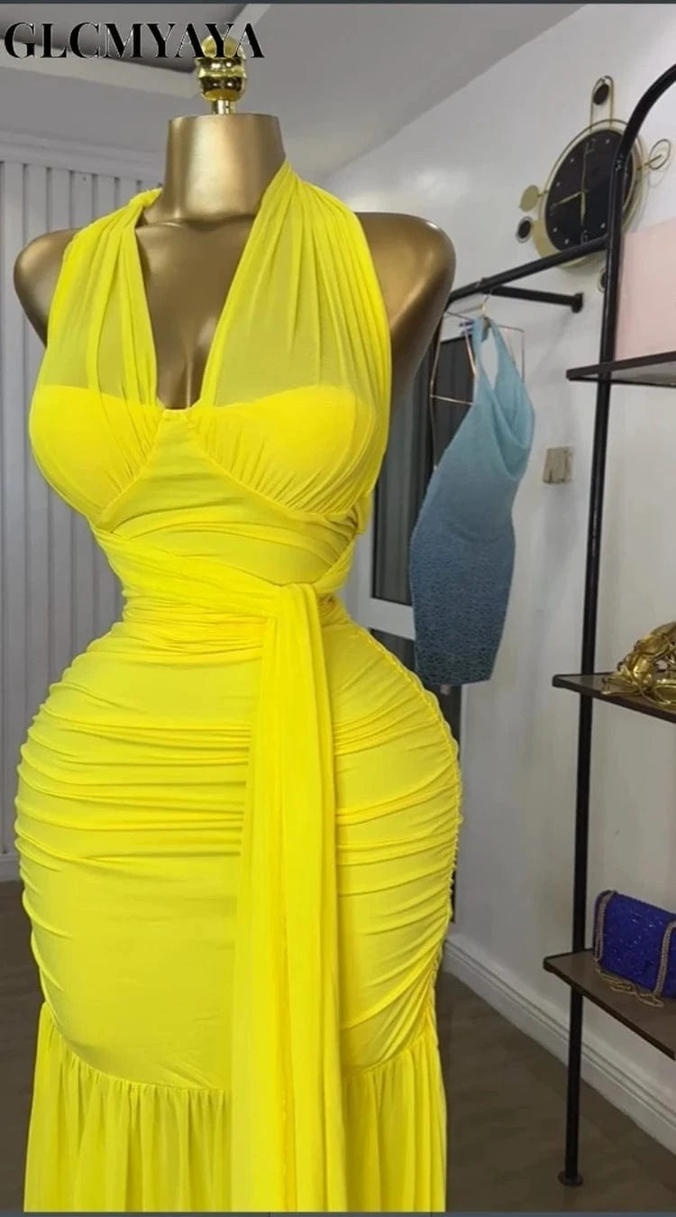 GLCMYAYA Women Halter Neck Ruched Stacked Sleeveless Bodycon Midi Maxi Long Dress 2025 Summer Vacation Holiday Elegant Dresses