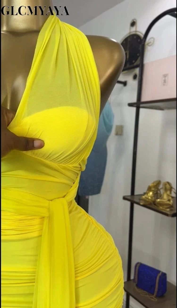 GLCMYAYA Women Halter Neck Ruched Stacked Sleeveless Bodycon Midi Maxi Long Dress 2025 Summer Vacation Holiday Elegant Dresses