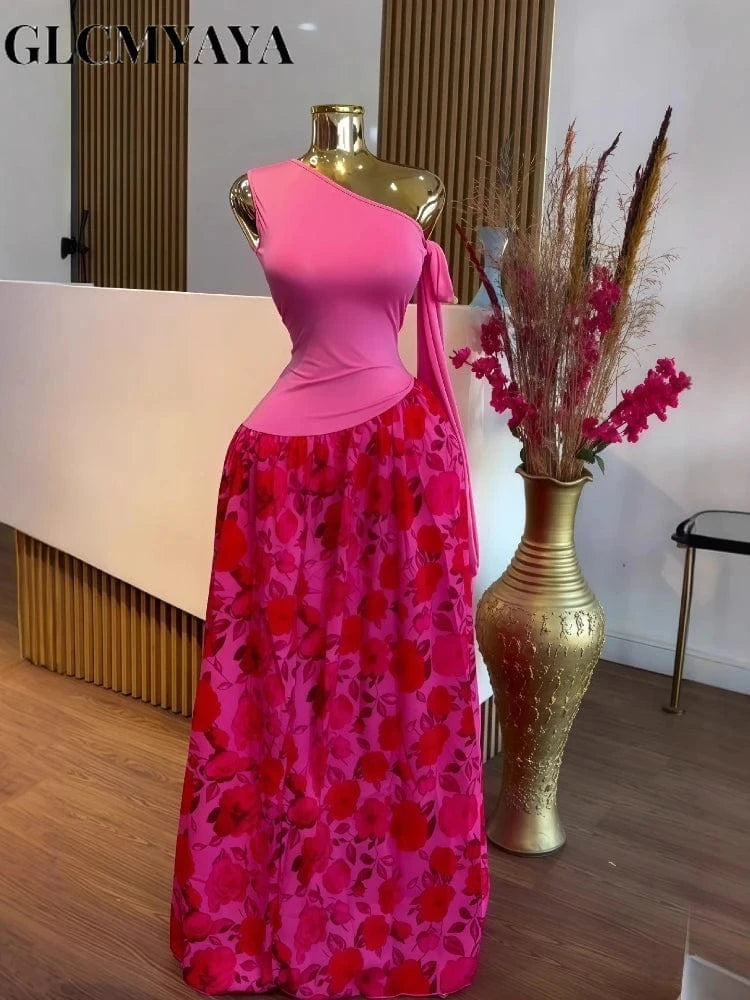 GLCMYAYA Women One Bowknot Shoulder Sleeveless Floral Printed Maxi Long Dress 2025 Vacation Sexy Party Club Vestidos Dresses