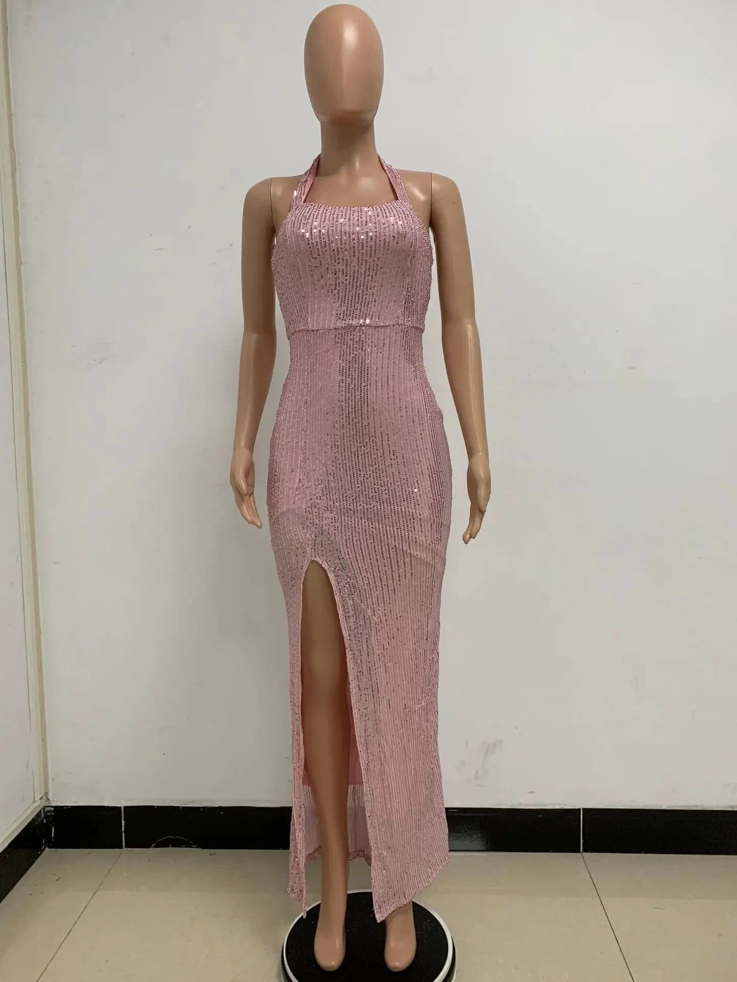 Glitter halter sleeveless backless split sliver gold black sexy prom lady maxi elegant party sequined evening dresses for women