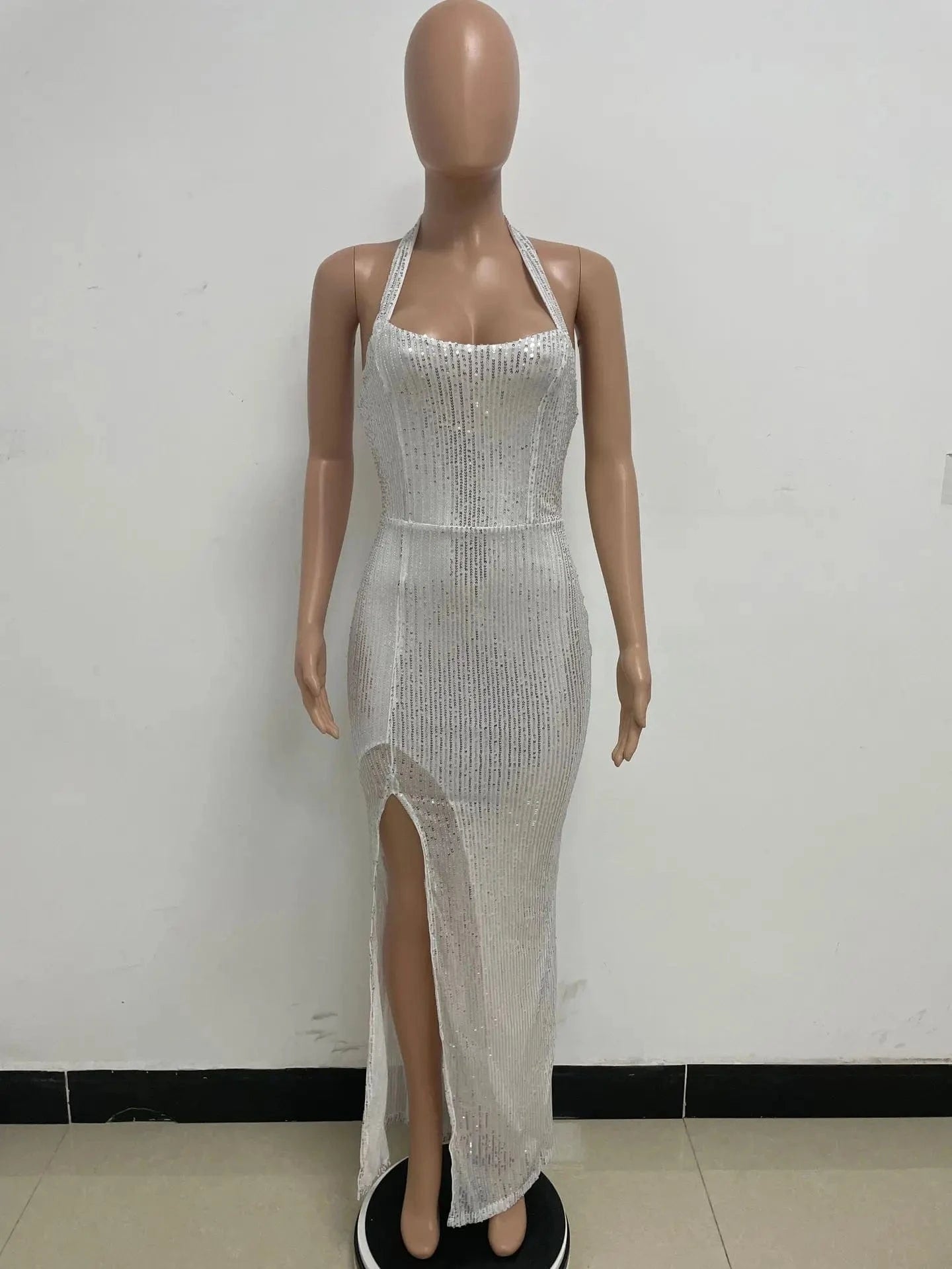 Glitter halter sleeveless backless split sliver gold black sexy prom lady maxi elegant party sequined evening dresses for women