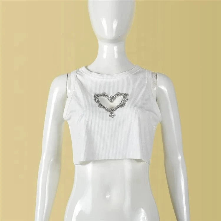 Glitter Heart Patchwork Tops Tees Vintage Tanks Camis Harajuku Slim Sleeveless Streetwear Women Clothes Tee Top 2024