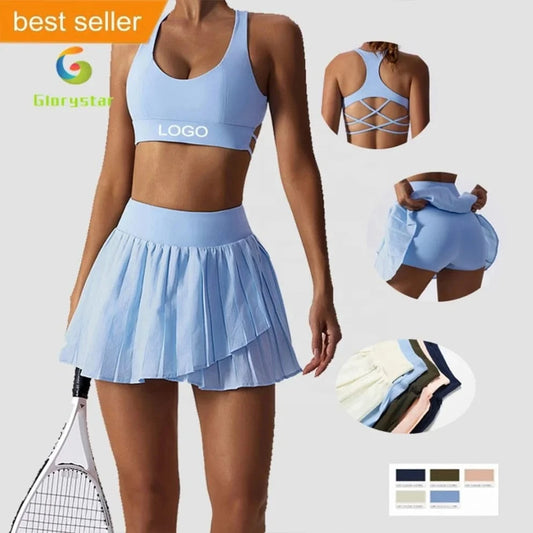 Glorystar 2024 New Sportswear Shockproof Bra High Waist Tennis culottes Casual Mini Skirt Gym Fitness Sets For Sports