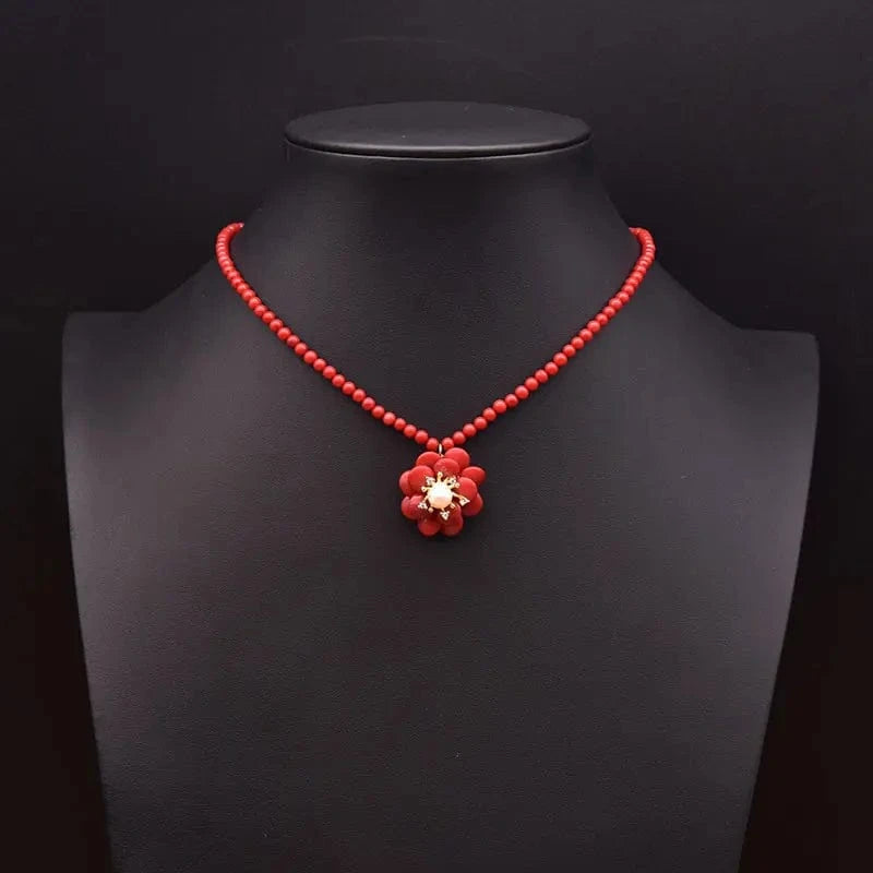 GN0278 Red Coral Natural Pearls Fashion Accessories Set Fine Woman Ring Earrings Necklace Luxury Customized Jewelry Wedding