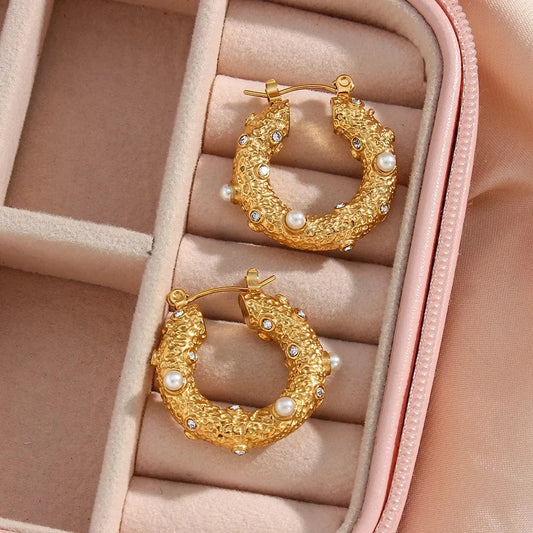 Gold 18k Gold Plated Bulk Hoop Earrings Natural Pearl Earring Large Circle Stainless Steel Zircon Set Jewelry