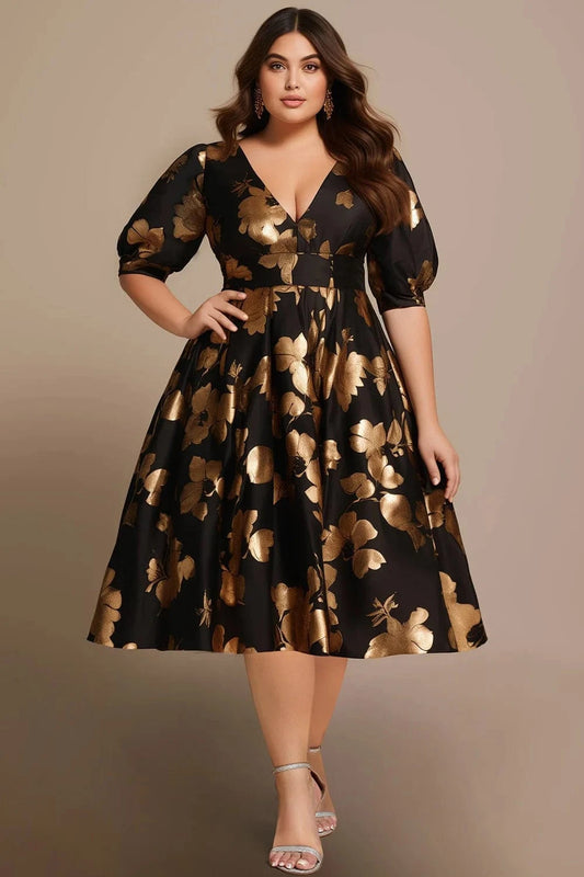Gold / 1XL Flycurvy Plus Size Cocktail Gold Floral Print Puff Sleeve Empire Waist Tea-Length Dress