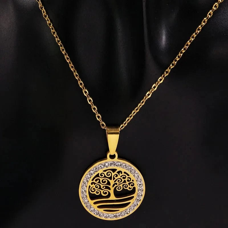 Gold 316L High Quality Stainless Steel Fashion Jewelry Sets Wholesale 18K Gold Plated With Diamond Life Tree Necklace Earrings Women
