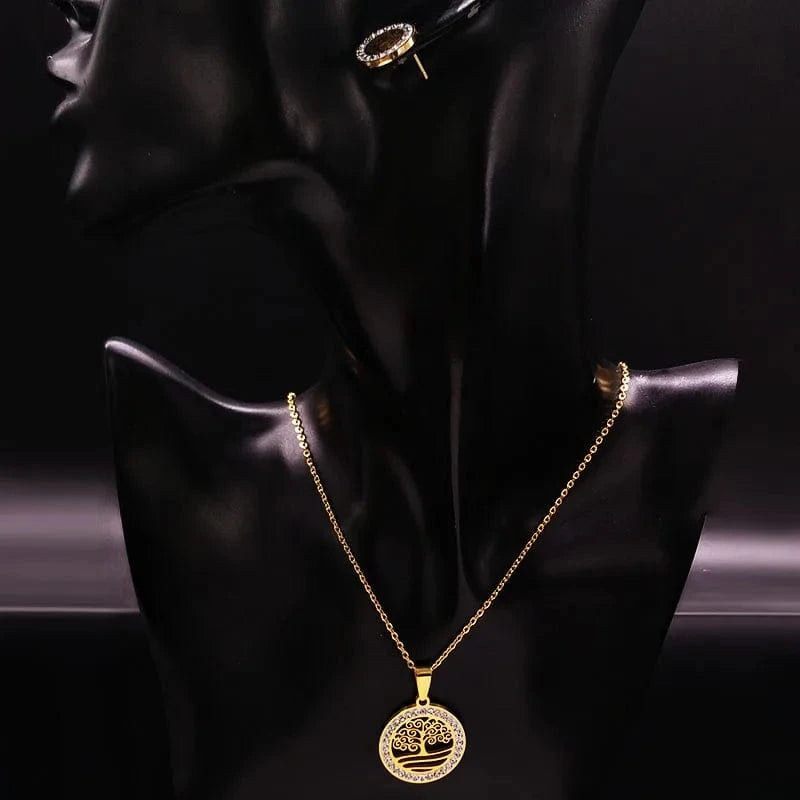 Gold 316L High Quality Stainless Steel Fashion Jewelry Sets Wholesale 18K Gold Plated With Diamond Life Tree Necklace Earrings Women