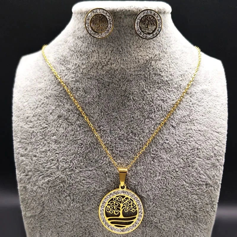 Gold 316L High Quality Stainless Steel Fashion Jewelry Sets Wholesale 18K Gold Plated With Diamond Life Tree Necklace Earrings Women