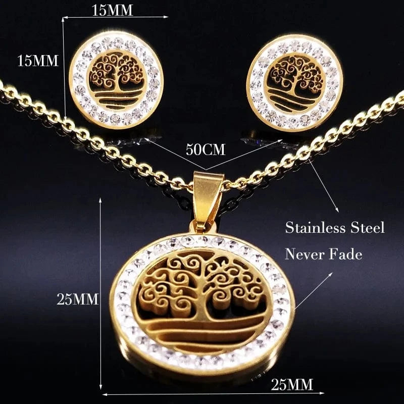 Gold 316L High Quality Stainless Steel Fashion Jewelry Sets Wholesale 18K Gold Plated With Diamond Life Tree Necklace Earrings Women
