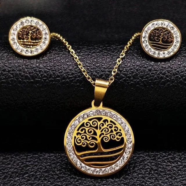 Gold 316L High Quality Stainless Steel Fashion Jewelry Sets Wholesale 18K Gold Plated With Diamond Life Tree Necklace Earrings Women