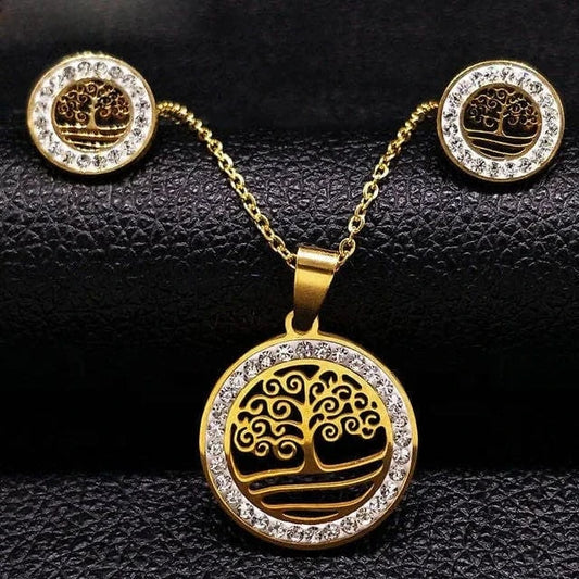 Gold 316L High Quality Stainless Steel Fashion Jewelry Sets Wholesale 18K Gold Plated With Diamond Life Tree Necklace Earrings Women