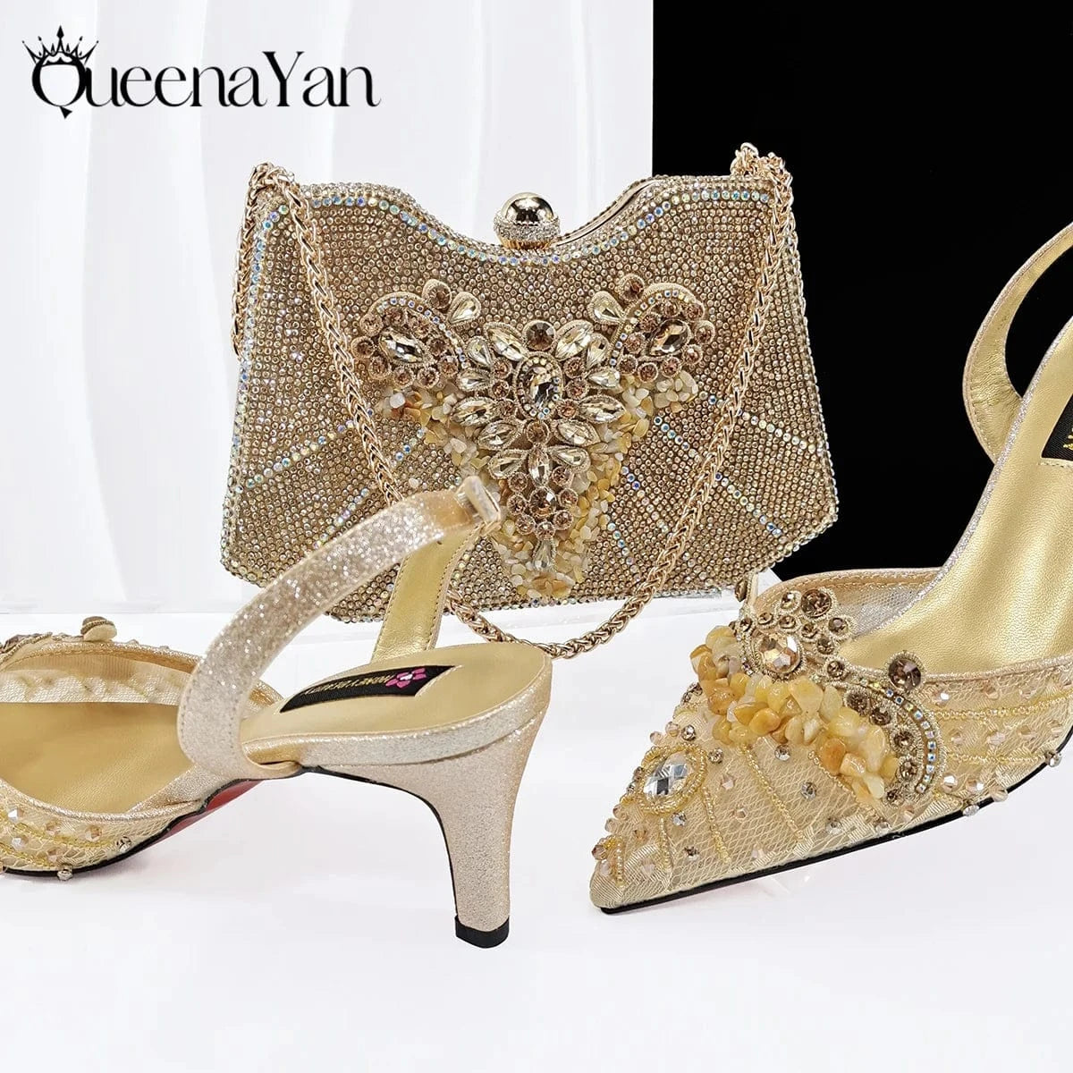 Gold / 39 / CHINA Queena Yan Women High Heel Party For Purple Color Shoes and Bag Set Rhinestone Handbag Italian Design Wedding INS 2025