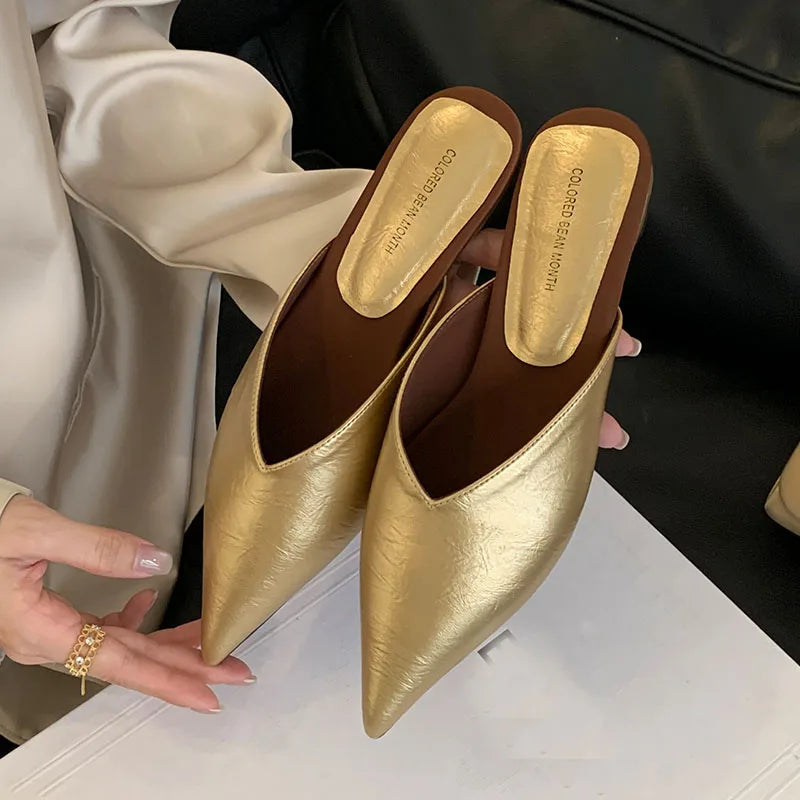 Gold / 39 Summer Spring Luxury Flats Ladies Slippers Female Slides Sandals Shoes Fashion Pointed Toe Flats Slippers Shoes For Women Mules