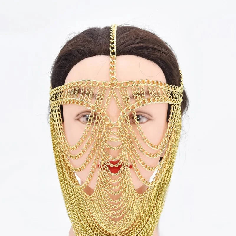 Gold-A Masquerade Mask Party Alloy Jewelry Stage Costume Performance Costume Metal Face Chain Jewelry