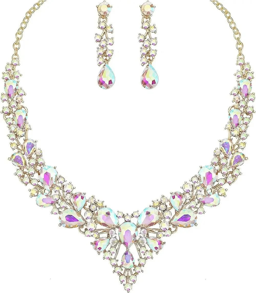 Gold+AB Stone High Quality 18K Gold Plated Crystal Teardrop Cluster Statement Women Wedding Bridal Necklace Dangle Earrings Jewelry Set