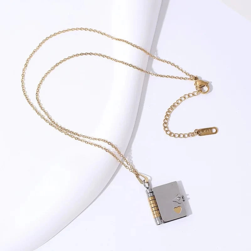 Gold and silver book Aimgal fashion jewelry DIY carving Lovers Book pendent necklace 316 stainless steel PVD plated 18k gold waterproof non tarnish