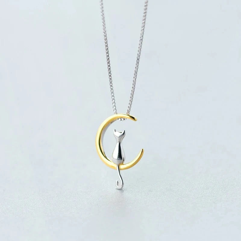 Gold Authentic 100% 925 Sterling Silver Cat Moon Necklace Meditation Women Jewelry Silver 925 Chain & Pendant Valentine Gift