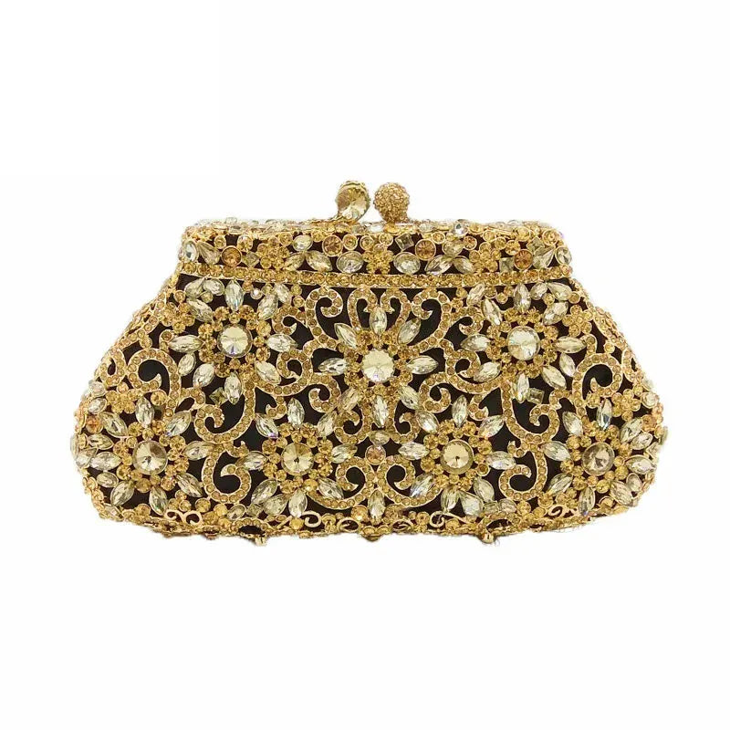 Gold Black 6 / Mini Size / CHINA Boutique De FGG (in stock) Flower Crown Clutch Silver Crystal Evening Handbag Women Party Prom Bag Bridal Clutches Wedding Purse