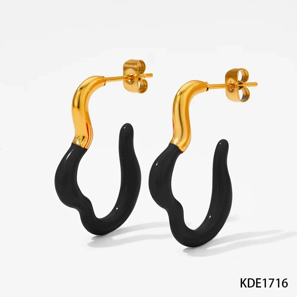 Gold-Black-(D1716) Squiggle Curve Shape Stud Earrings Stainless Steel Irregular Colorful Enamel Charms Hoop Earrings Jewelry Women