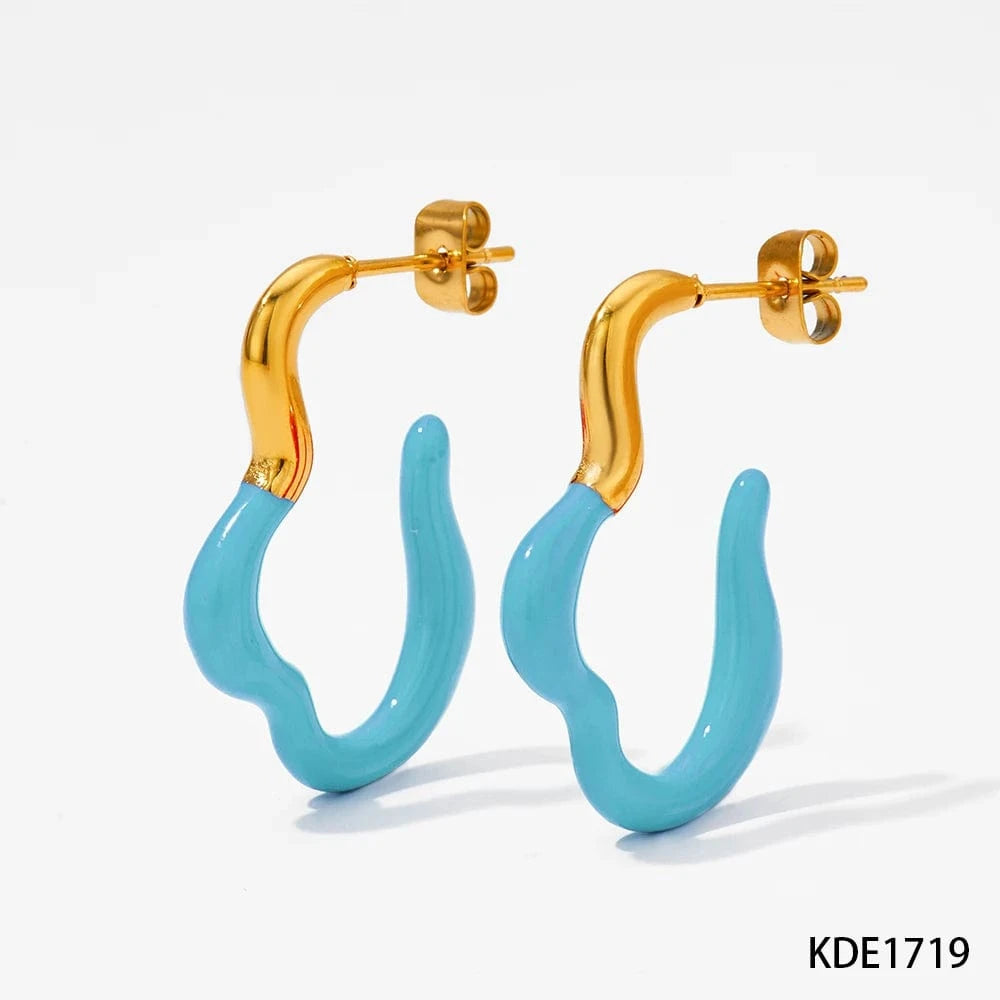 Gold-Blue-(D1719) Squiggle Curve Shape Stud Earrings Stainless Steel Irregular Colorful Enamel Charms Hoop Earrings Jewelry Women