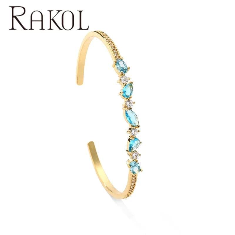 Gold + Blue Rakol BP5164 Luxury Lady Jewelry Real 18k Gold Plated Emerald Gemstone Cuff Bangles For Women
