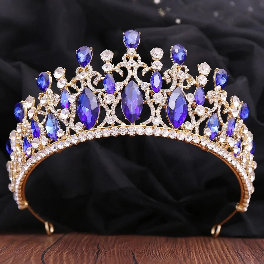 Gold+Blue Stone Rosa Bessie Rhinestone Crown Tiara Mix Color Handmade Crystal Hair Accessories Headband Bridal Wedding Princess Tiara Crown
