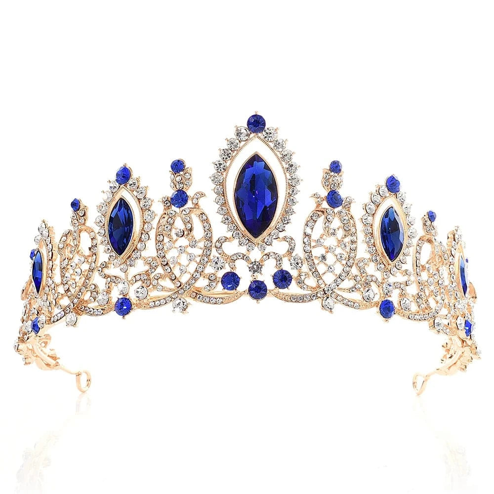 Gold +Blue Stone RS087 Rhinestone Metal Tiara Blue Crystal Crown for Wedding Accessories for Bride