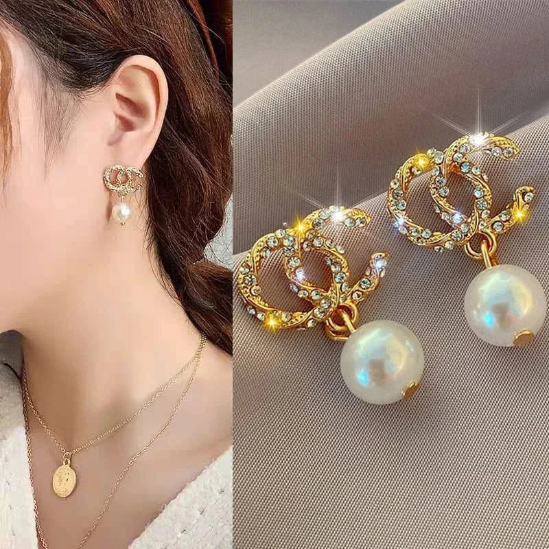 Gold C Letter Silvery Needle Korea Simple Pearl Earrings wholesale Elegant All-match Crystal Set Sweet Fashion Earring