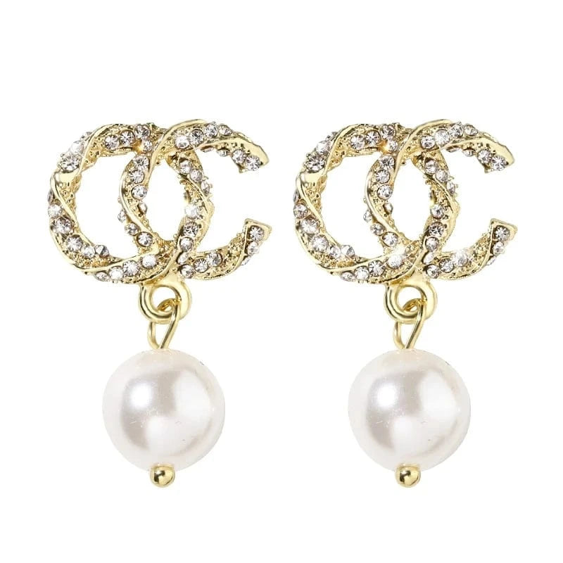 Gold C Letter Silvery Needle Korea Simple Pearl Earrings wholesale Elegant All-match Crystal Set Sweet Fashion Earring