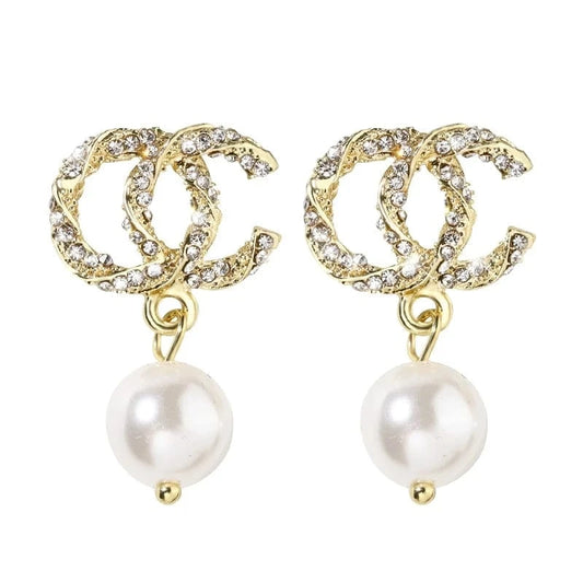 Gold C Letter Silvery Needle Korea Simple Pearl Earrings wholesale Elegant All-match Crystal Set Sweet Fashion Earring