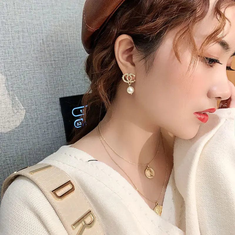 Gold C Letter Silvery Needle Korea Simple Pearl Earrings wholesale Elegant All-match Crystal Set Sweet Fashion Earring
