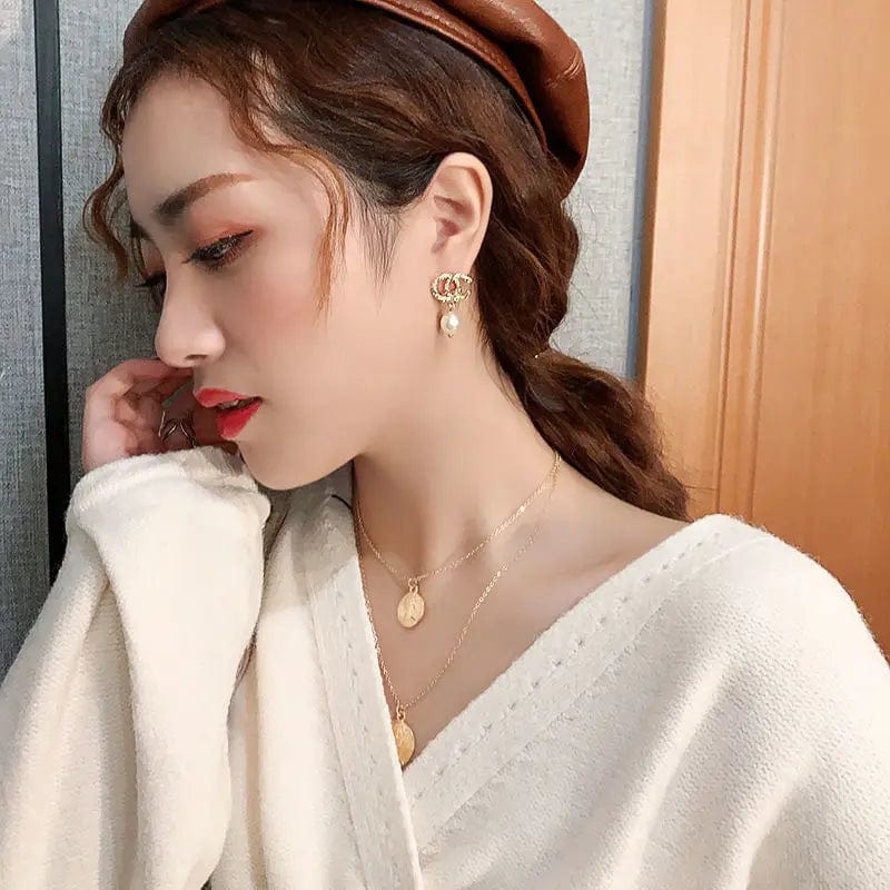 Gold C Letter Silvery Needle Korea Simple Pearl Earrings wholesale Elegant All-match Crystal Set Sweet Fashion Earring