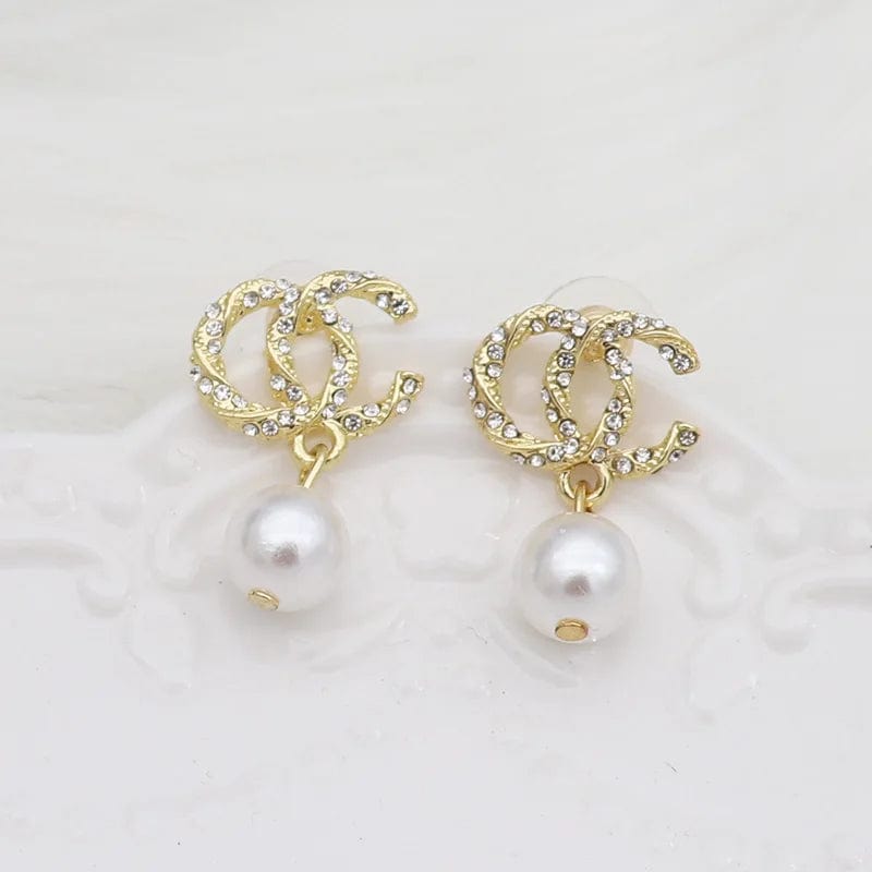 Gold C Letter Silvery Needle Korea Simple Pearl Earrings wholesale Elegant All-match Crystal Set Sweet Fashion Earring
