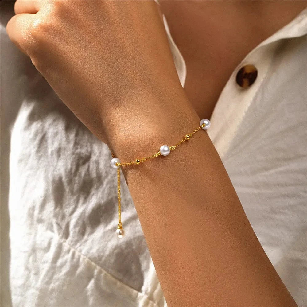 Gold CANNER New 18k Gold Plated Pearls Cz Link Bracelet 925 Silver Dainty Pearl Ball Charm Bracelet Women Jewelry For Girls
