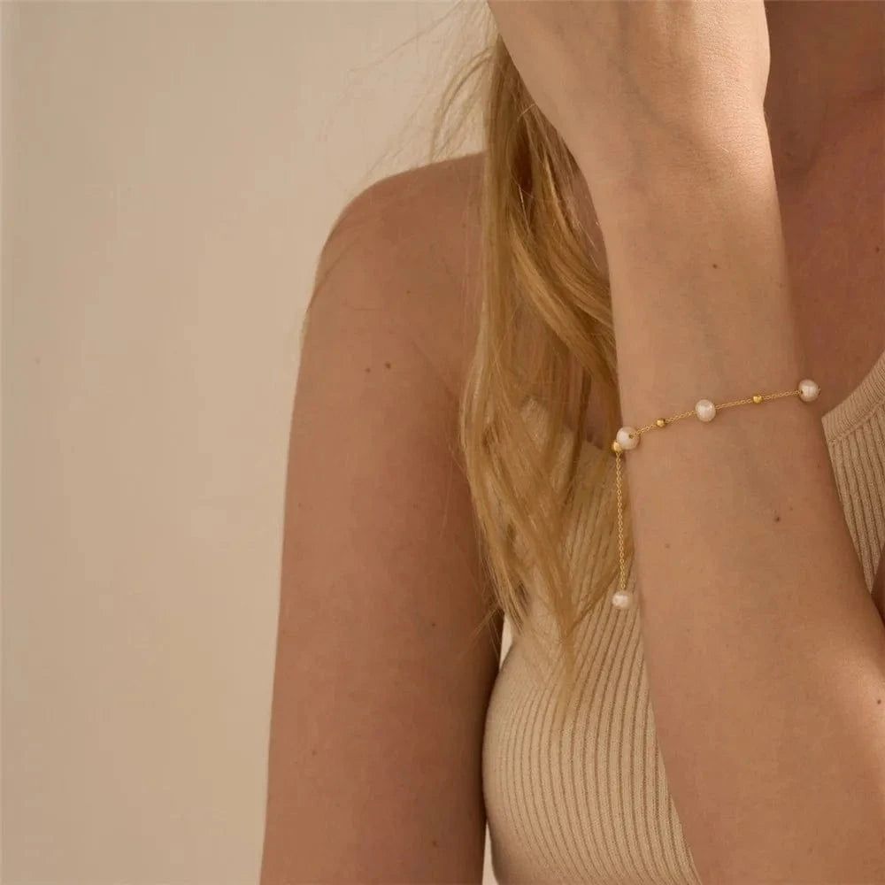 Gold CANNER New 18k Gold Plated Pearls Cz Link Bracelet 925 Silver Dainty Pearl Ball Charm Bracelet Women Jewelry For Girls