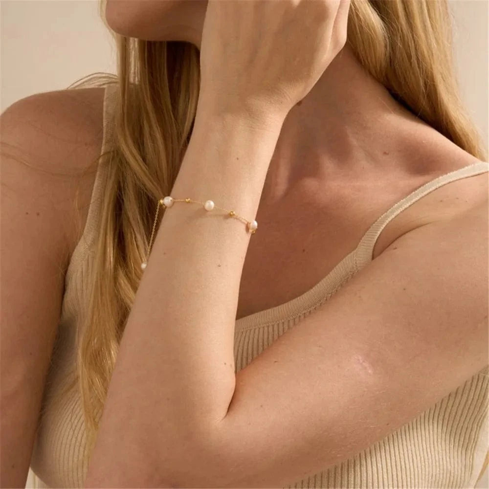 Gold CANNER New 18k Gold Plated Pearls Cz Link Bracelet 925 Silver Dainty Pearl Ball Charm Bracelet Women Jewelry For Girls