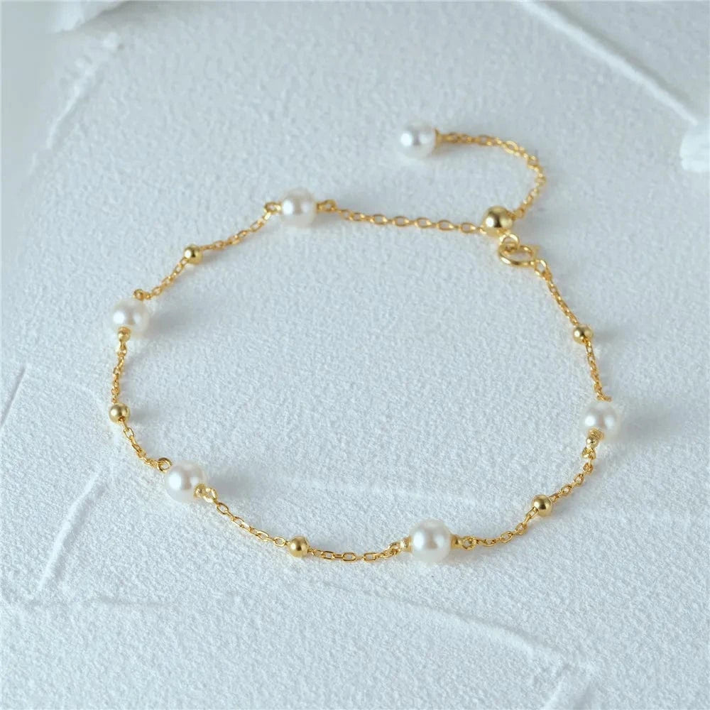Gold CANNER New 18k Gold Plated Pearls Cz Link Bracelet 925 Silver Dainty Pearl Ball Charm Bracelet Women Jewelry For Girls