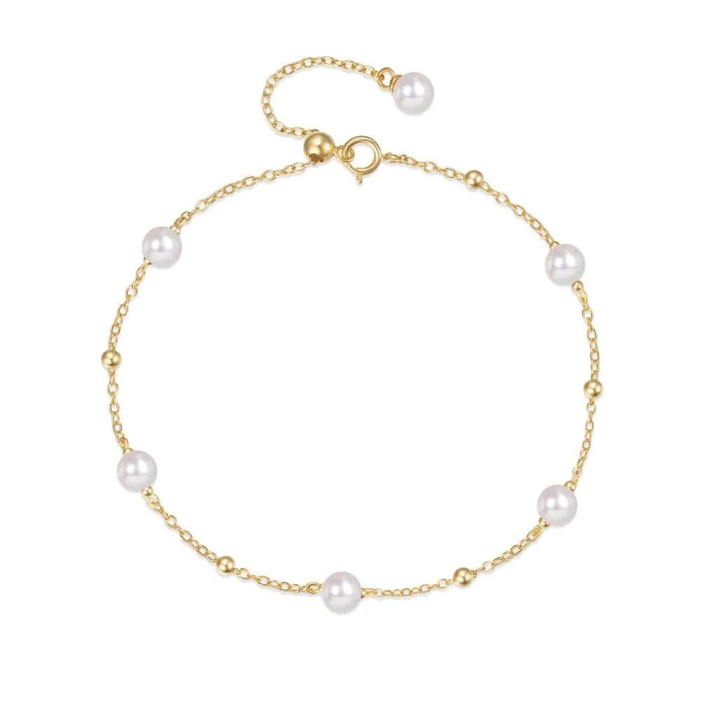 Gold CANNER New 18k Gold Plated Pearls Cz Link Bracelet 925 Silver Dainty Pearl Ball Charm Bracelet Women Jewelry For Girls