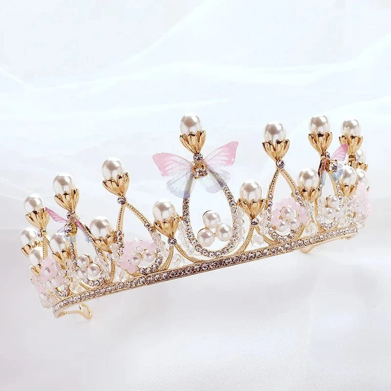 gold Children Hairbands Tiaras And Crown Butterfly Pearl Hair Accessories For Girls Princess Birthday Party Luxury Fine Gift