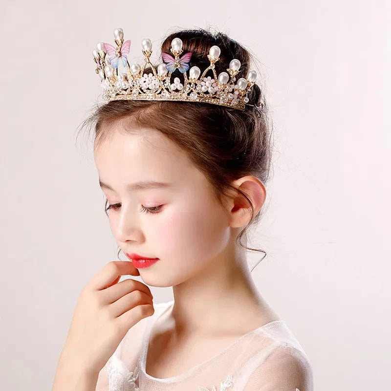 gold Children Hairbands Tiaras And Crown Butterfly Pearl Hair Accessories For Girls Princess Birthday Party Luxury Fine Gift
