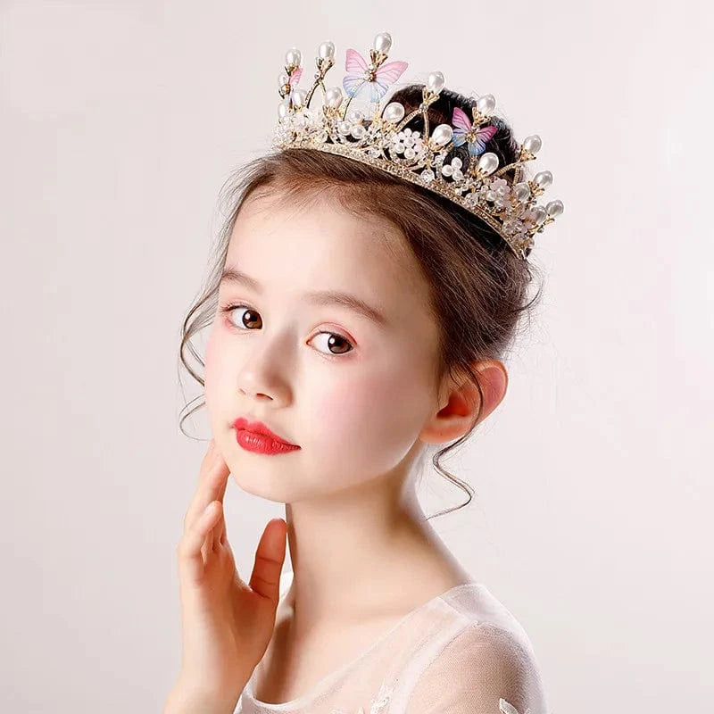 gold Children Hairbands Tiaras And Crown Butterfly Pearl Hair Accessories For Girls Princess Birthday Party Luxury Fine Gift