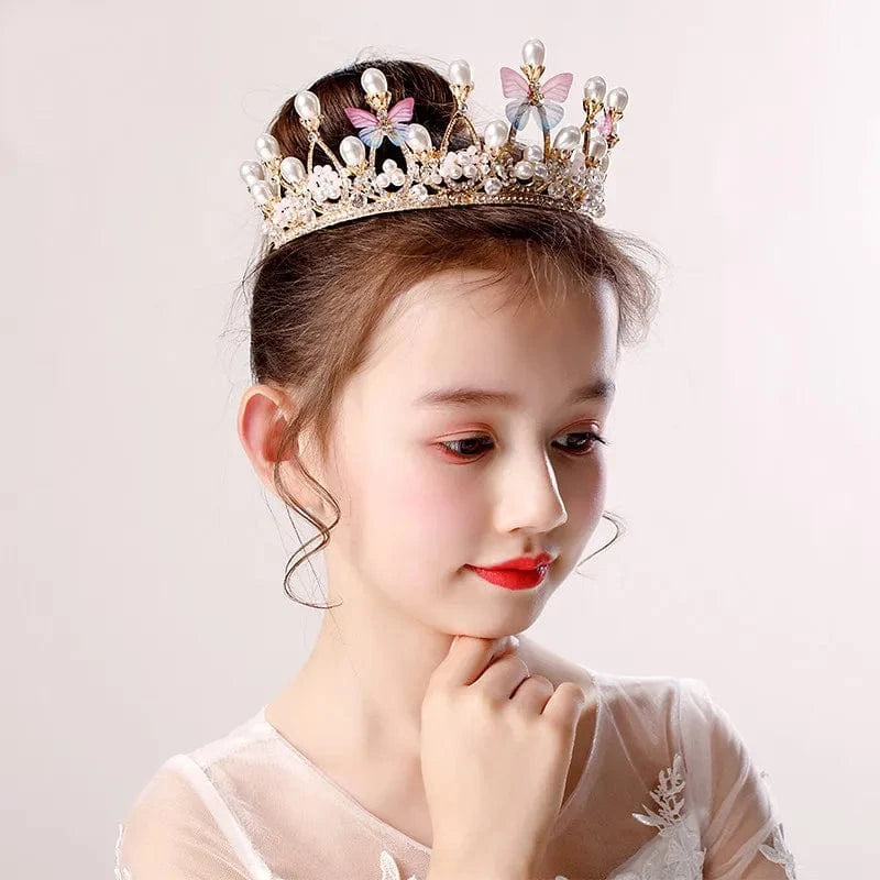 gold Children Hairbands Tiaras And Crown Butterfly Pearl Hair Accessories For Girls Princess Birthday Party Luxury Fine Gift