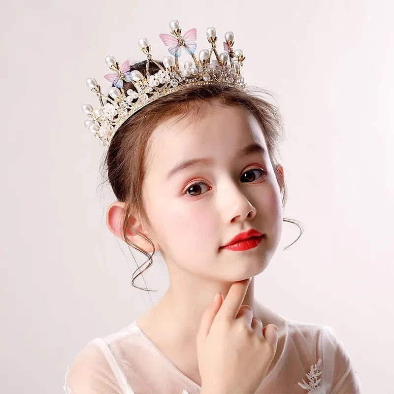 gold Children Hairbands Tiaras And Crown Butterfly Pearl Hair Accessories For Girls Princess Birthday Party Luxury Fine Gift