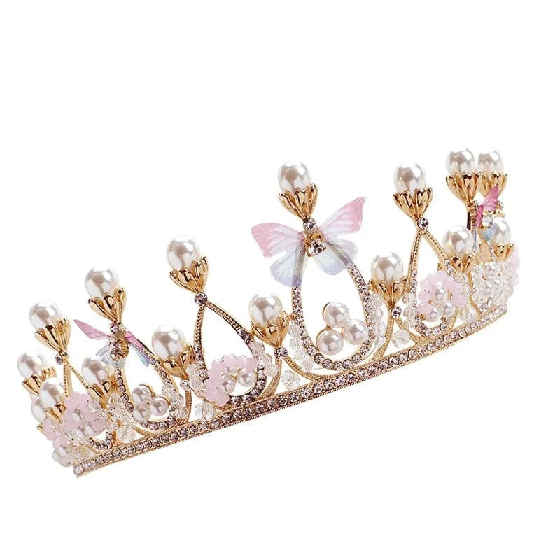 gold Children Hairbands Tiaras And Crown Butterfly Pearl Hair Accessories For Girls Princess Birthday Party Luxury Fine Gift