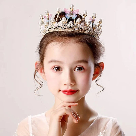 gold Children Hairbands Tiaras And Crown Butterfly Pearl Hair Accessories For Girls Princess Birthday Party Luxury Fine Gift