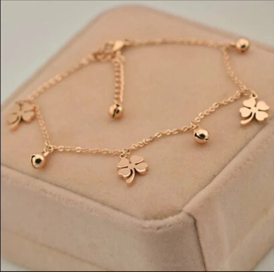 Gold clover shape little bell gold plating cuban link anklet stainless steel anklets foot jewelry